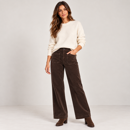 Womens Wide Leg Cord Trousers - Chocolate