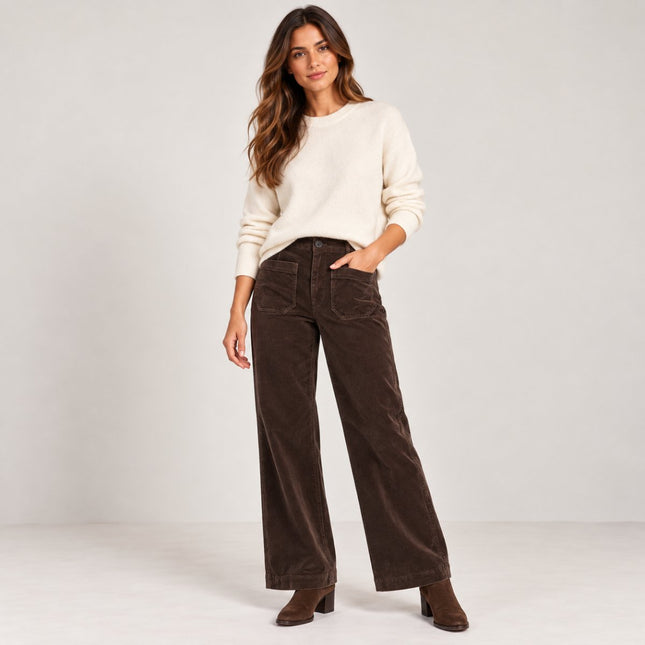 Womens Wide Leg Cord Trousers - Chocolate-Quality Brands Outlet-