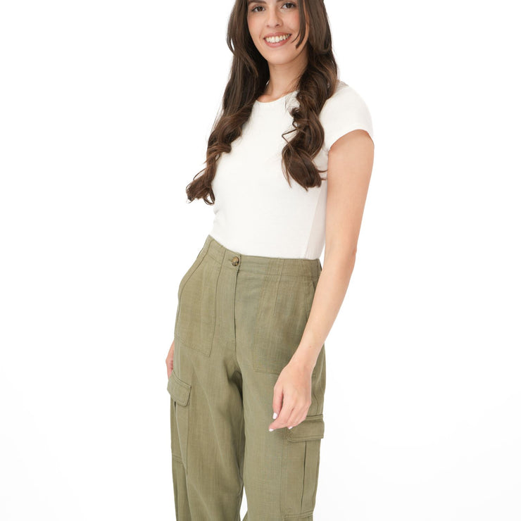 M&S Per Una Cargo Trousers Linen Lyocell Blend Khaki Green Wide Leg with Drawstring - Quality Brands Outlet