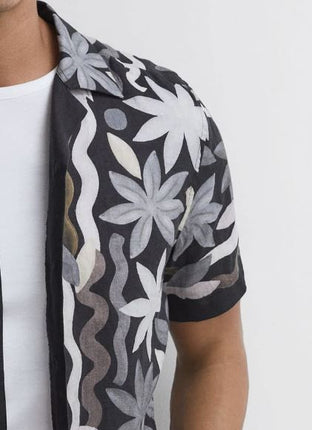 Mens Black Delphi Linen Floral Cuban Collar Shirt - Quality Brands Outlet