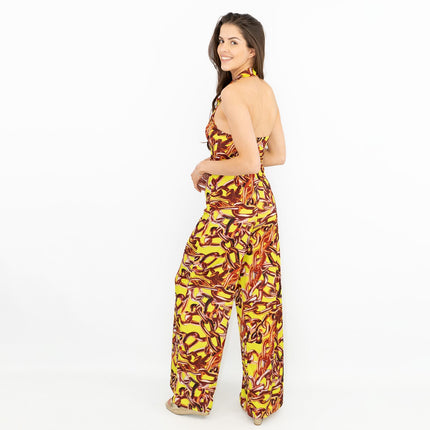 Karen Millen Yellow Gold Chain Print Sleeveless Wide Leg Stretchy Collared Jumpsuits-Quality Brands Outlet-