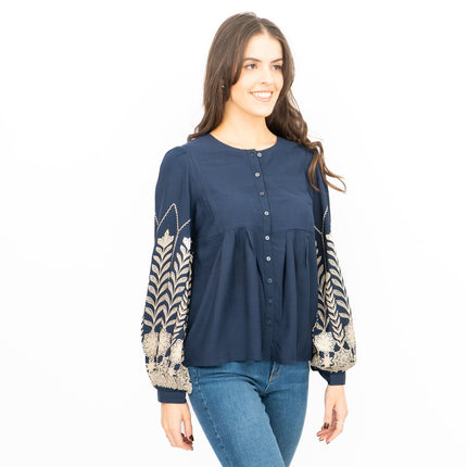 Seasalt Navy High Woods Blouson Long Sleeve Shirt-Quality Brands Outlet-