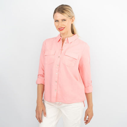 Women's Pink Long Sleeve Relaxed Fit Button-Up Linen Shirts-Quality Brands Outlet-
