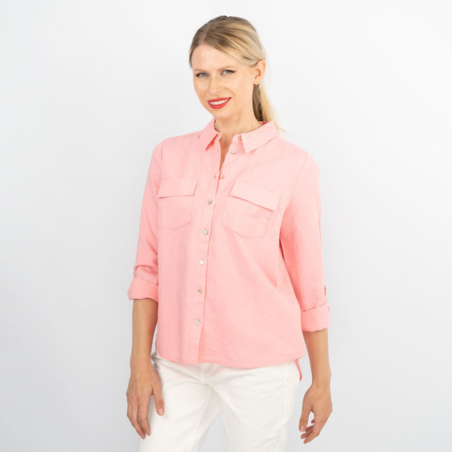 Women's Pink Long Sleeve Relaxed Fit Button-Up Linen Shirts-Quality Brands Outlet-