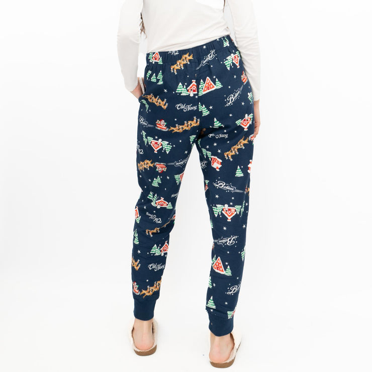 Old Navy Gap Womens Blue Santa Sleigh Christmas Jogger Style Pyjama Bottoms Elasticated Waist Trousers