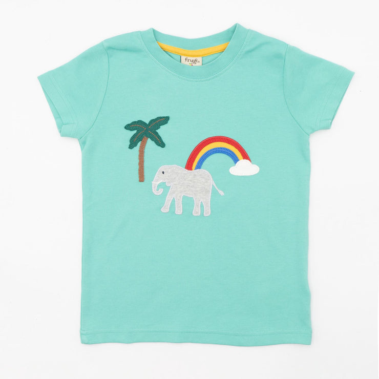 Frugi Girls T-Shirt Green Short Sleeve Elephant Casual Cotton Tops