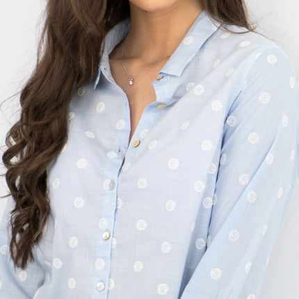 White Stuff Long Sleeve Relaxed Fit Button-Up Lightweight Cotton Blue Embroidered Shirts