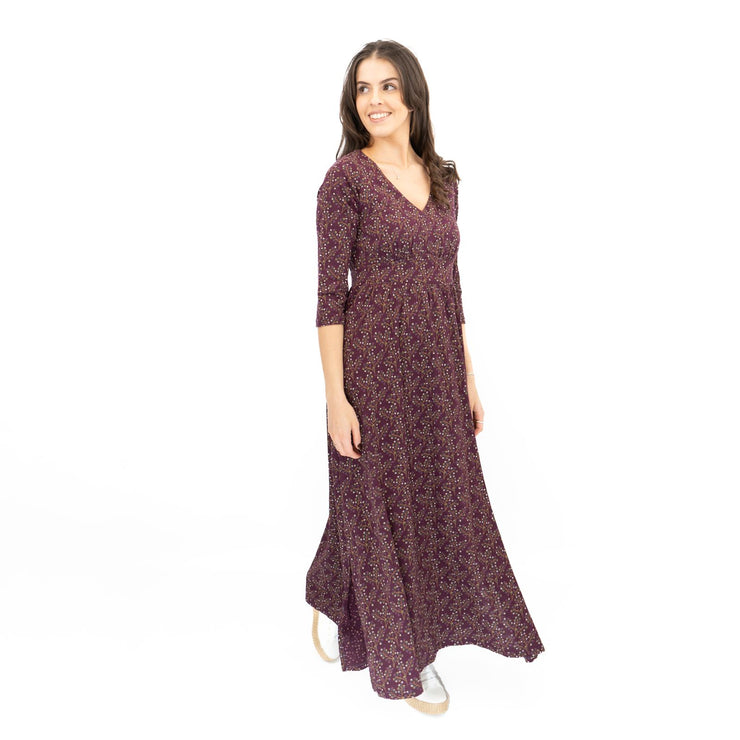 Seasalt Maggie Maxi Dress Purple Floral Cotton 3/4 Sleeve - Quality Brands Outlet