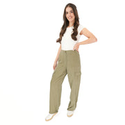 M&S Per Una Cargo Trousers Linen Lyocell Blend Khaki Green Wide Leg with Drawstring - Quality Brands Outlet