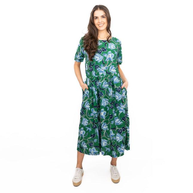 Seasalt Green Brouse Organic Floral Short Sleeve Midi Dress-Quality Brands Outlet-
