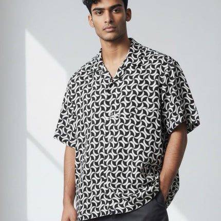 Mens Shirts Short Sleeve Navy Geo Print - Quality Brands Outlet