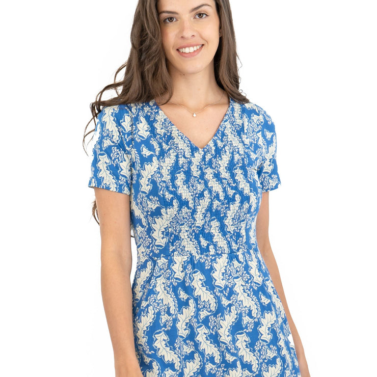 White Stuff Blue Leaves V-Neckline Short Sleeve Jersey Dress