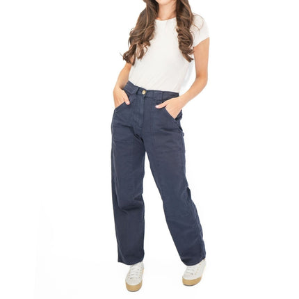 M&S Navy Straight Leg Trousers Stretch Cotton Rich Relaxed Utility - Quality Brands Outlet