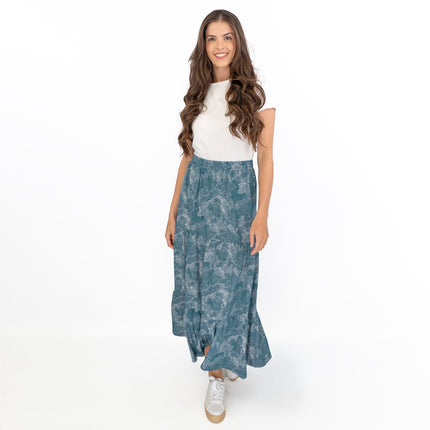 Seasalt Teal Dotted Skies Dark Eden Line Strokes Flare Maxi Skirt-Quality Brands Outlet-