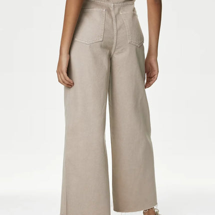 M&S Cropped Jean Wide Leg High Waist Raw Hem Cotton Stone-Quality Brands Outlet-