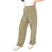 M&S Per Una Cargo Trousers Linen Lyocell Blend Khaki Green Wide Leg with Drawstring - Quality Brands Outlet