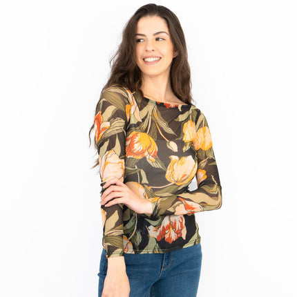 Karen Millen Floral Tulip Mesh Top Womens Long Sleeve Round Neck-Quality Brands Outlet-
