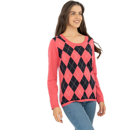 Lucy Argyle Jumper Pink Diamond Intarsia Long Sleeve Tops-Quality Brands Outlet-