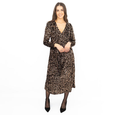 Velvet Sequin Wrap Midi Dress Sparkle Bronze - Quality Brands Outlet