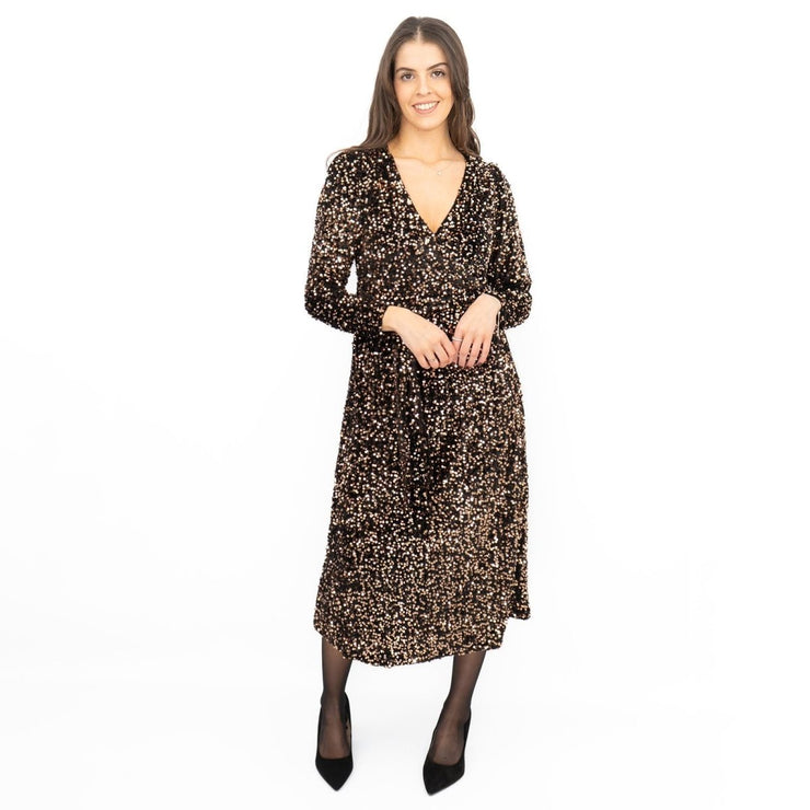 Velvet Sequin Wrap Midi Dress Sparkle Bronze - Quality Brands Outlet
