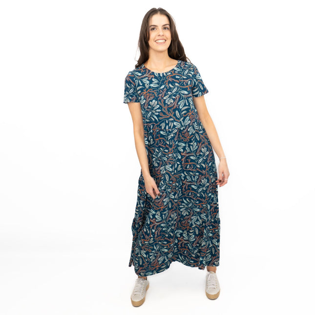Seasalt Teal Green Line Strokes Floral Short Sleeve Midi Dress-Quality Brands Outlet-