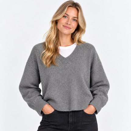 Womens Jumper Raglan Long Sleeve V-Neck Knit Tops - Grey-Quality Brands Outlet-