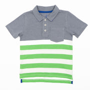 Mini Boden Boys Grey Green Stripe Short Sleeve Polo Shirt
