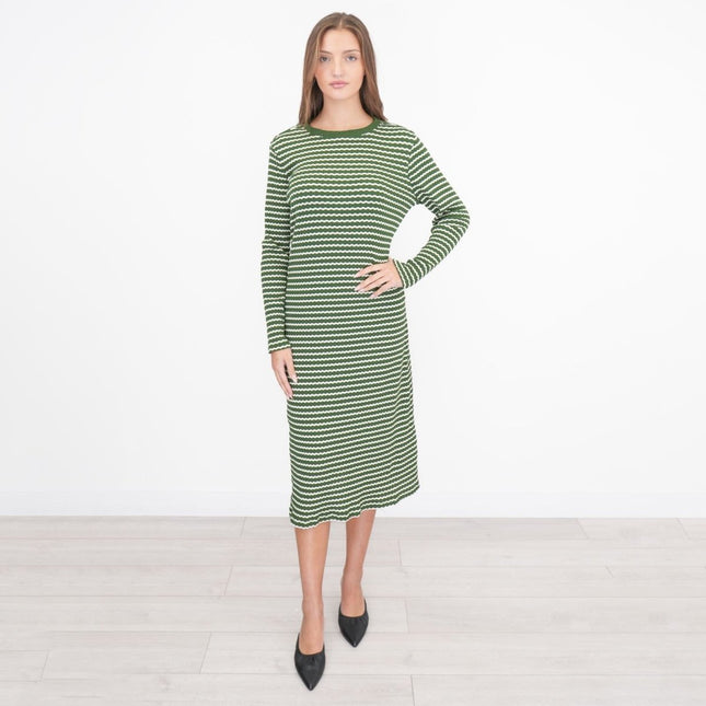 M&S Green Striped Midi Dress Long Sleeve-Quality Brands Outlet-