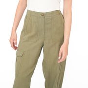 M&S Per Una Cargo Trousers Linen Lyocell Blend Khaki Green Wide Leg with Drawstring - Quality Brands Outlet