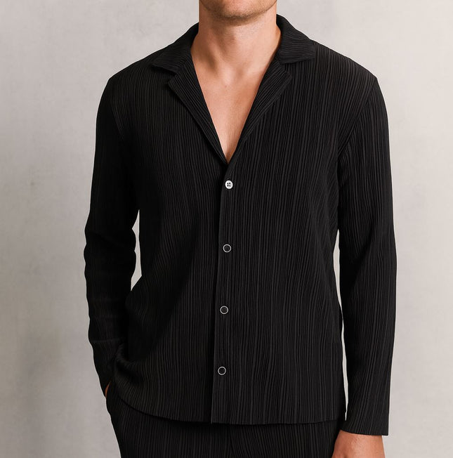 Aubry Cuban Shirts Long Sleeve Collared Black-Quality Brands Outlet-