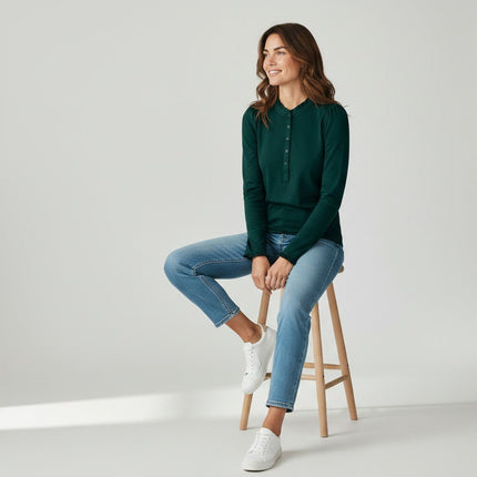 Boden Dark Green Supersoft Frill Henley Top Cotton Modal Slim Fit-Quality Brands Outlet-