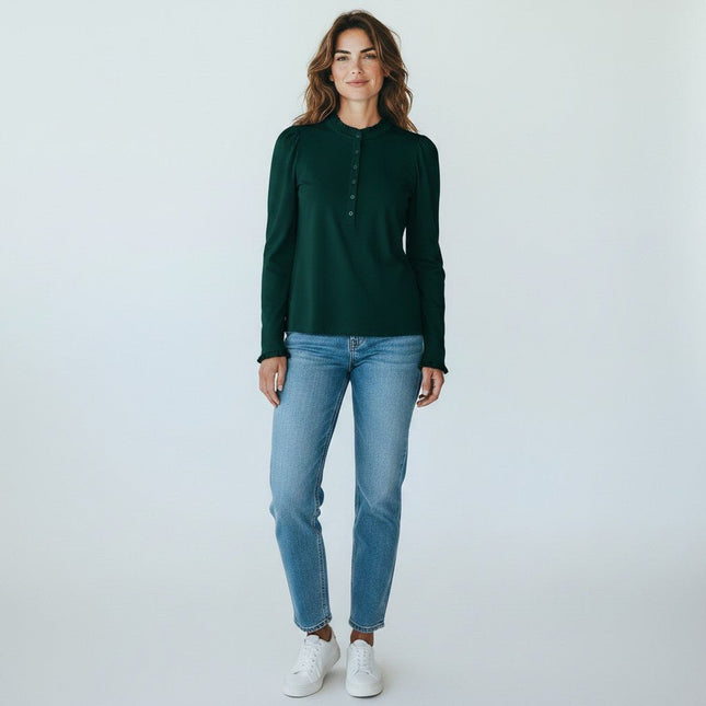 Boden Dark Green Supersoft Frill Henley Top Cotton Modal Slim Fit - Quality Brands Outlet
