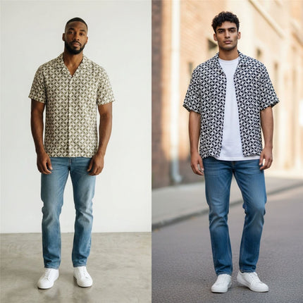 Mens Shirts Short Sleeve Navy Geo Print - Quality Brands Outlet