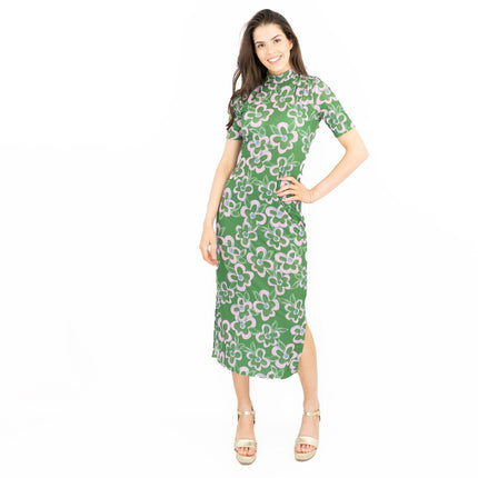 Nasty Gal Green Floral High Neck Short Sleeve Midi Dress-Quality Brands Outlet-