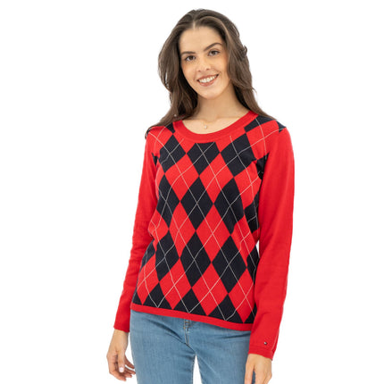 Lucy Argyle Jumper Red Diamond Intarsia Long Sleeve Tops - Quality Brands Outlet