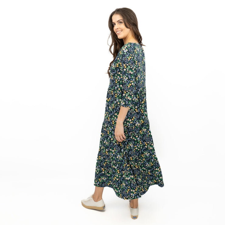Seasalt Navy Floral Dress Tiered Line Strokes Midi Short Sleeve - Quality Brands Outlet