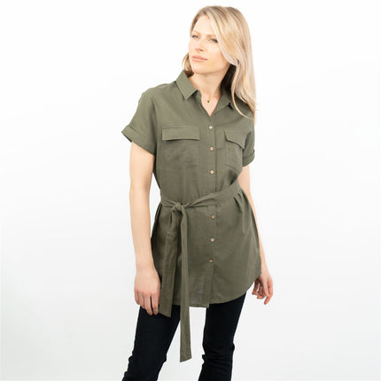 Khaki Green Short Sleeve Longline Shirts Utility Style Women's Tops-Quality Brands Outlet-