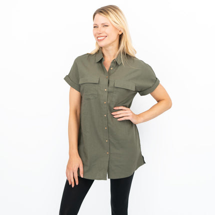 Womens Linen Tunic Khaki Green Short Sleeve Shirts-Quality Brands Outlet-