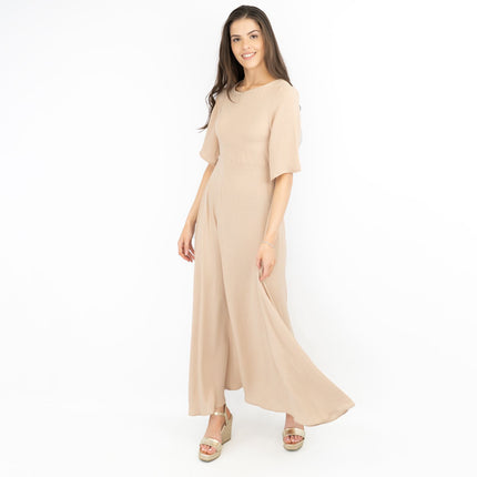 Boohoo Beige Cap Short Sleeve A-line Flare Maxi Dress-Quality Brands Outlet-