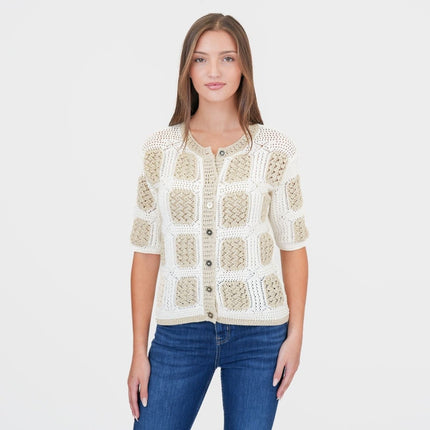M&S Gold Crochet Cardigan Granny Square Short Sleeve-Quality Brands Outlet-