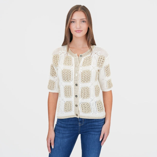 M&S Gold Crochet Cardigan Granny Square Short Sleeve - Quality Brands Outlet