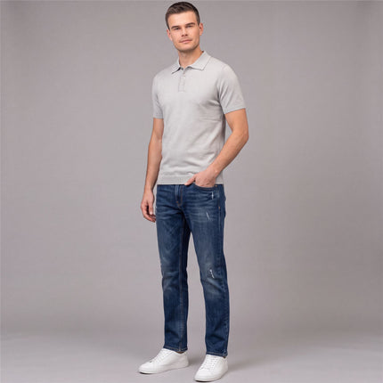 Massimo Dutti Mens Classic Knitted Linen Blend Polo Shirt 3 Button Grey