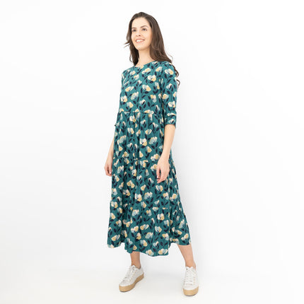 Seasalt Womens Green Floral Jersey Line Strokes 3/4 Sleeves Dress-Quality Brands Outlet-
