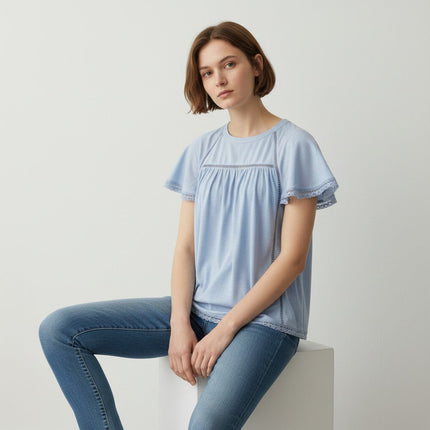M&S Per Una Broderie Anglaise Short Sleeve Blue Tops - Quality Brands Outlet