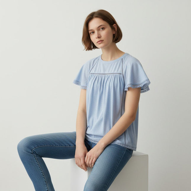 M&S Per Una Broderie Anglaise Short Sleeve Blue Tops - Quality Brands Outlet