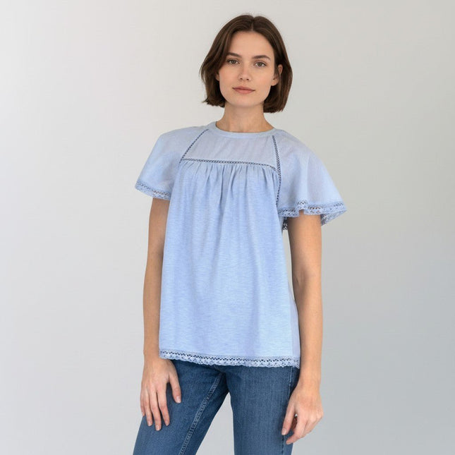 M&S Per Una Broderie Anglaise Short Sleeve Blue Tops - Quality Brands Outlet