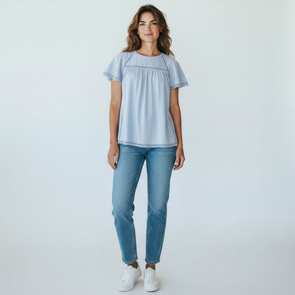 M&S Per Una Broderie Anglaise Short Sleeve Blue Tops - Quality Brands Outlet