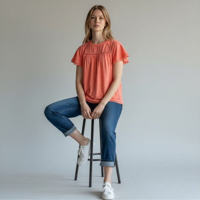 M&S Per Una Broderie Anglaise Orange Short Sleeve Top - Quality Brands Outlet