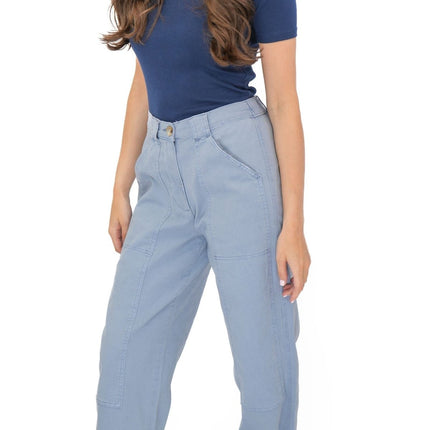 M&S Light Blue Straight Leg Trousers Stretch Cotton Rich Relaxed Utility - Quality Brands Outlet