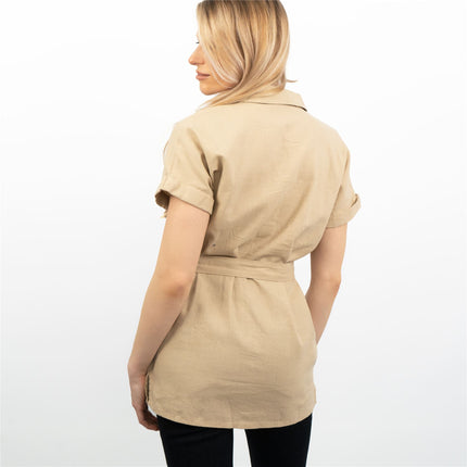 Beige Short Sleeve Longline Shirts Women's Utility Style Tops-Quality Brands Outlet-